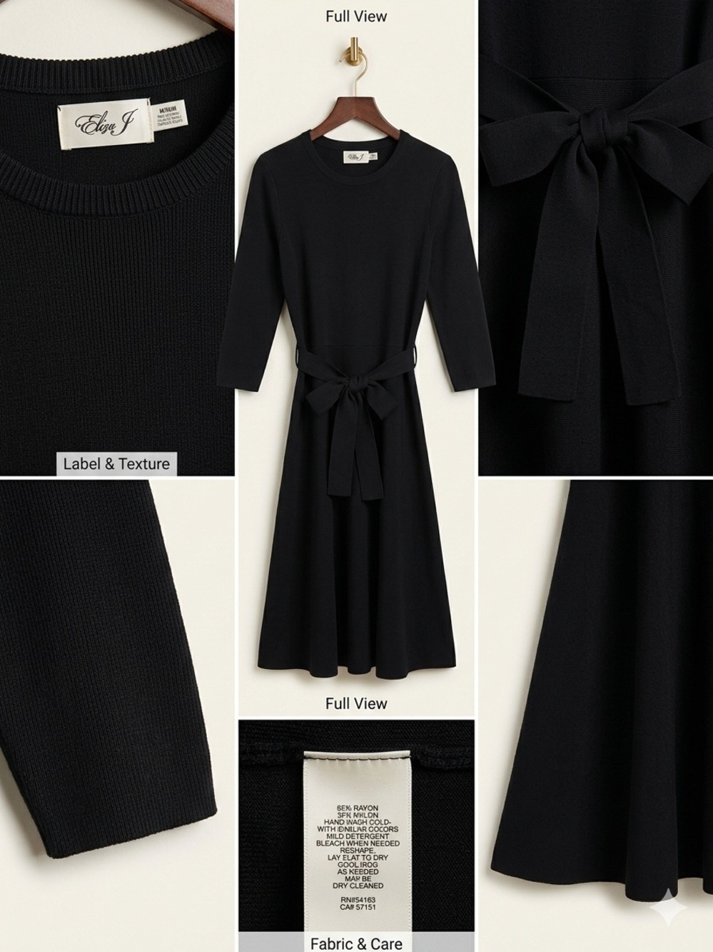 Eliza J Black Knit Fit-and-Flare Midi Dress with Waist Tie Size M